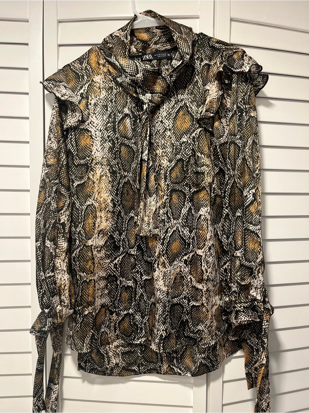 Zara Snake-Print Ruffle Tie-Neck Blouse in Brown and Black